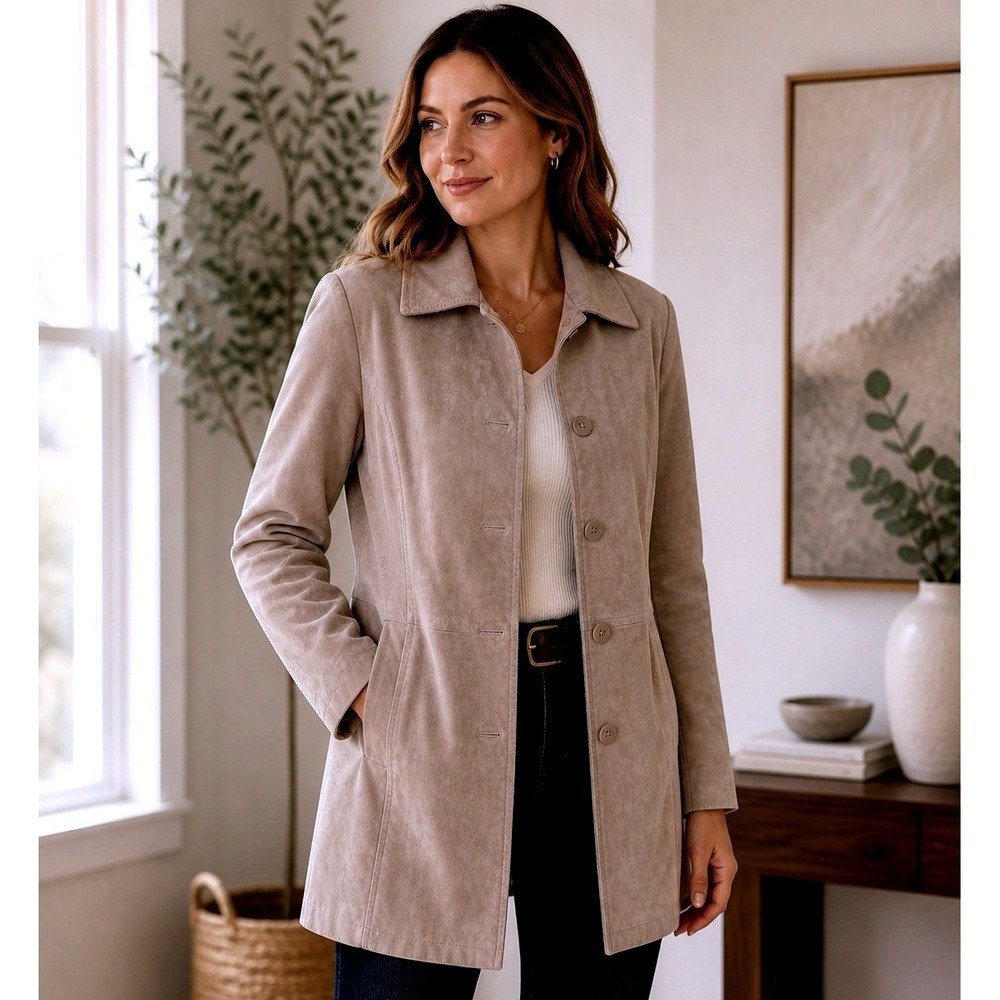 Bernardo Suede Leather Jacket Womens M Taupe Button Front Mid Length Coat